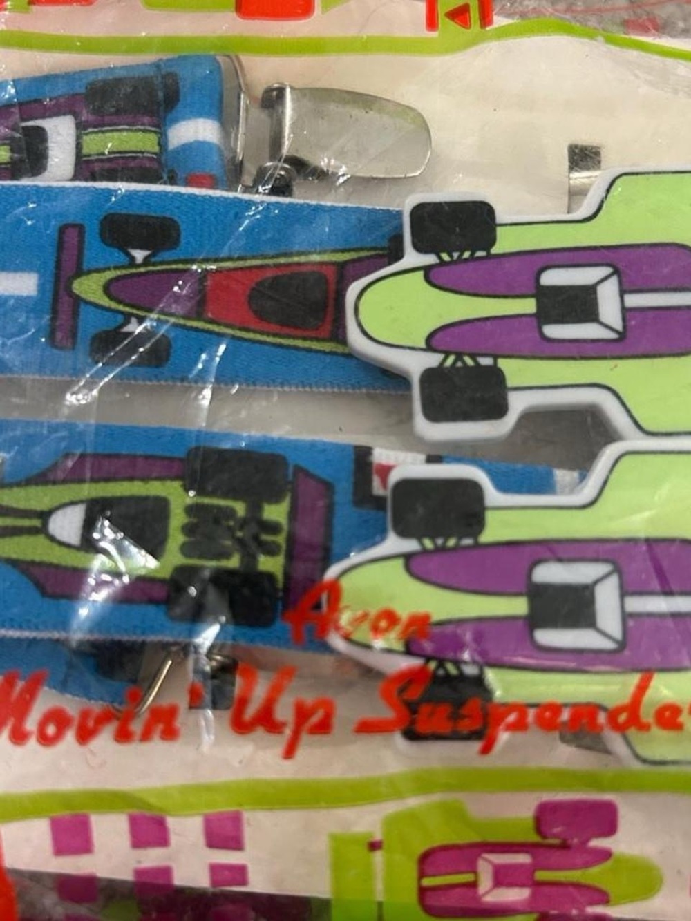 Vintage 1988 Avon Kids Racing Car Suspenders in Blue, Green & Purple